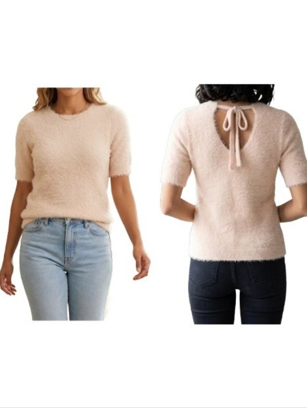 LOFT Petite Light Pink Knit Blouse Short Sleeve Tie-Back 459836 Fuzzy Blush